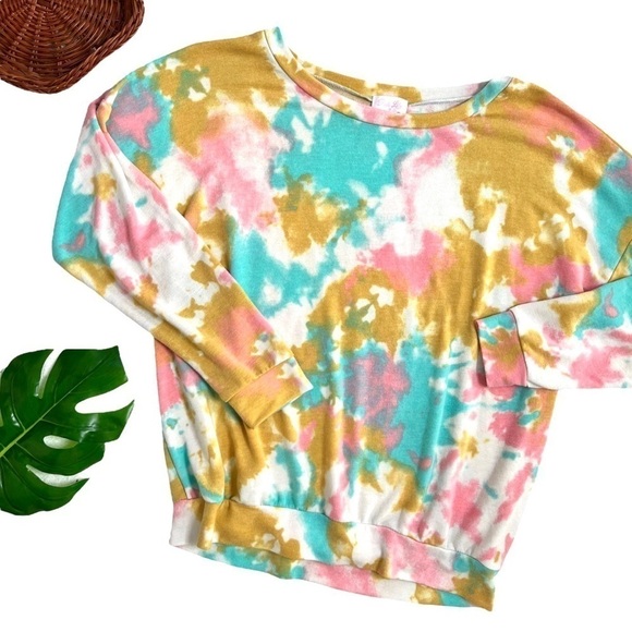 Pink Lily Tie Dye Pink Blue Gold Crewneck Pullover Jumper Sweatshirt Size Small - Picture 3 of 13